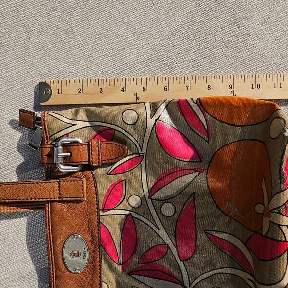 Vintage Fossil Key-Per Coated Canvas Fun Tan and Pink Print Medium Stachel Clean - Picture 12 of 13